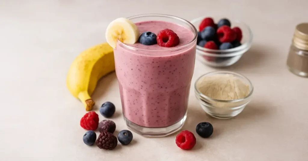 Banana berry protein smoothie in a glass with banana, blueberries, raspberries, and protein powder
