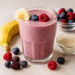 Banana berry protein smoothie in a glass with banana, blueberries, raspberries, and protein powder