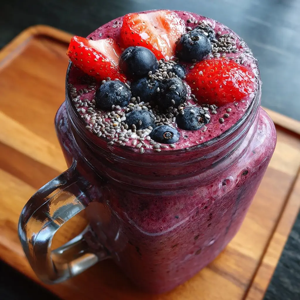 Banana Berry Protein Smoothie in mason jar with fresh berries