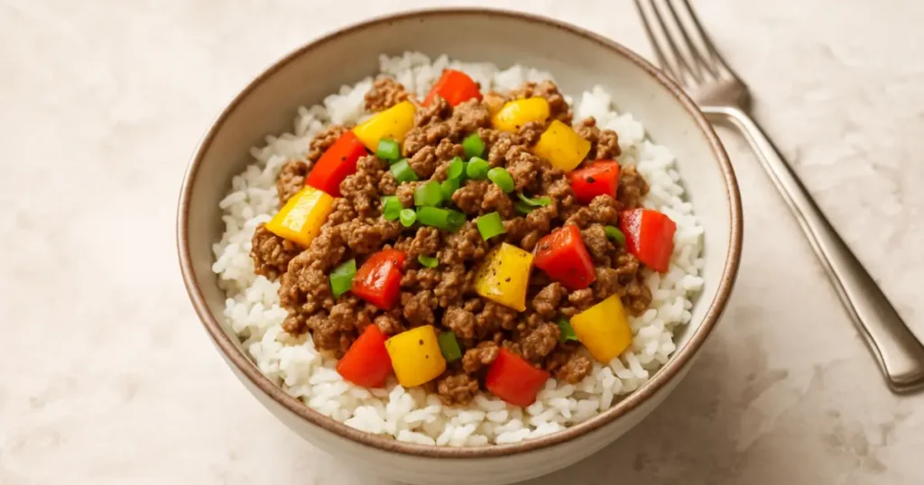 Beef and pepper rice bowl with ground beef, bell peppers, and rice in ceramic bowl
