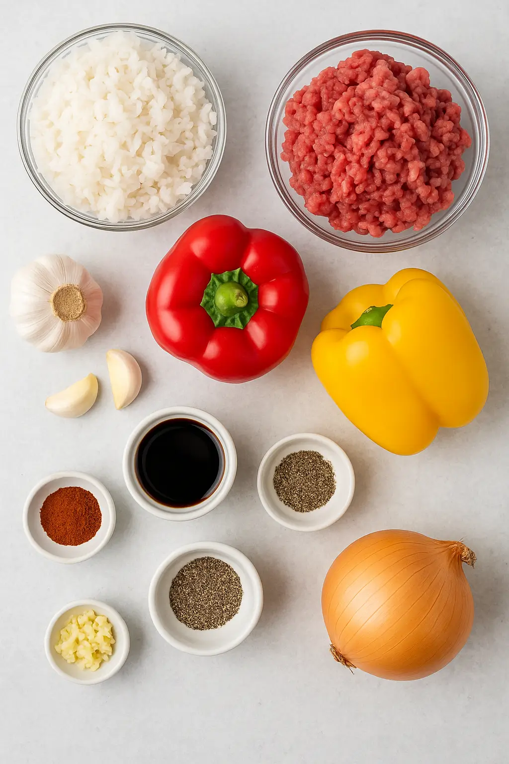 Fresh ingredients for beef and pepper rice bowl including ground beef, rice, peppers, garlic, and spices