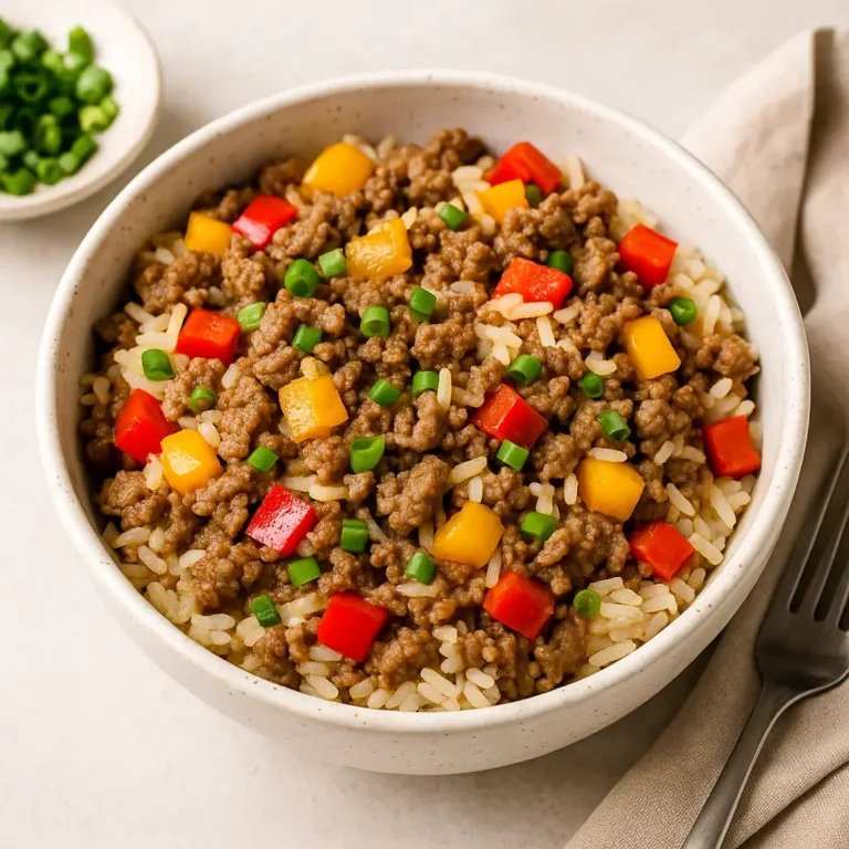 Beef and pepper rice bowl served in ceramic bowl with green onions