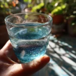 blue salt trick recipe in a glass with Persian salt, held in hand