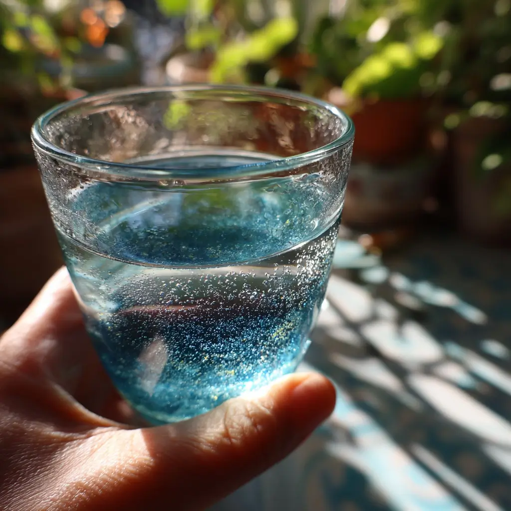blue salt trick recipe in a glass with Persian salt, held in hand