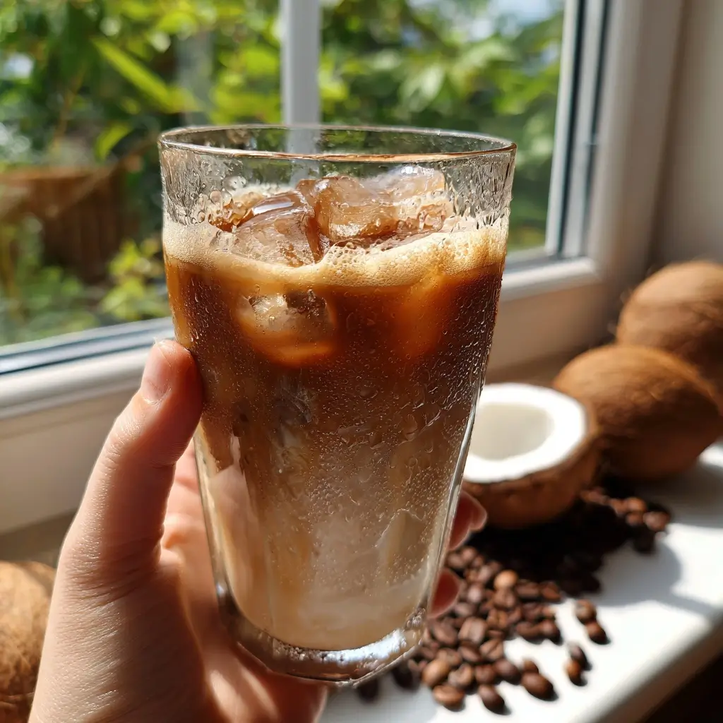 Coconut water iced coffee in clear glass, close-up, summer morning