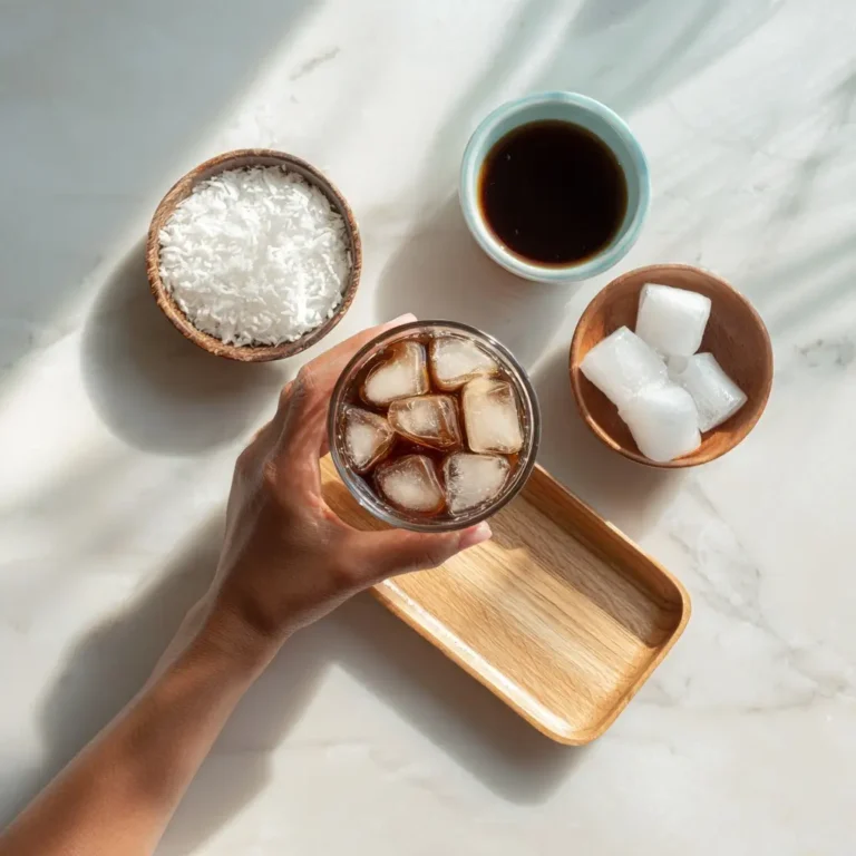Ingredients for coconut water iced coffee, close-up on tray