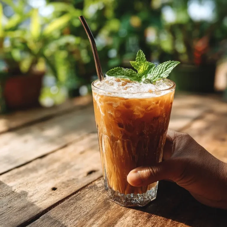 Served coconut water iced coffee with mint, summer drink