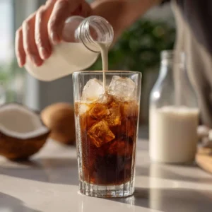 Pouring coffee over ice to make coconut water iced coffee