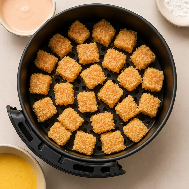 Breaded crispy bang bang salmon bites in air fryer basket with sauce and eggs
