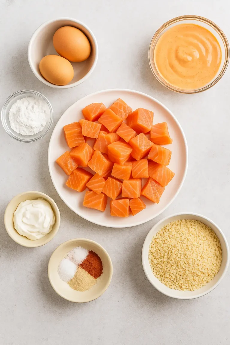 Ingredients for crispy bang bang salmon bites including cubed salmon, sauce, breadcrumbs, and spices