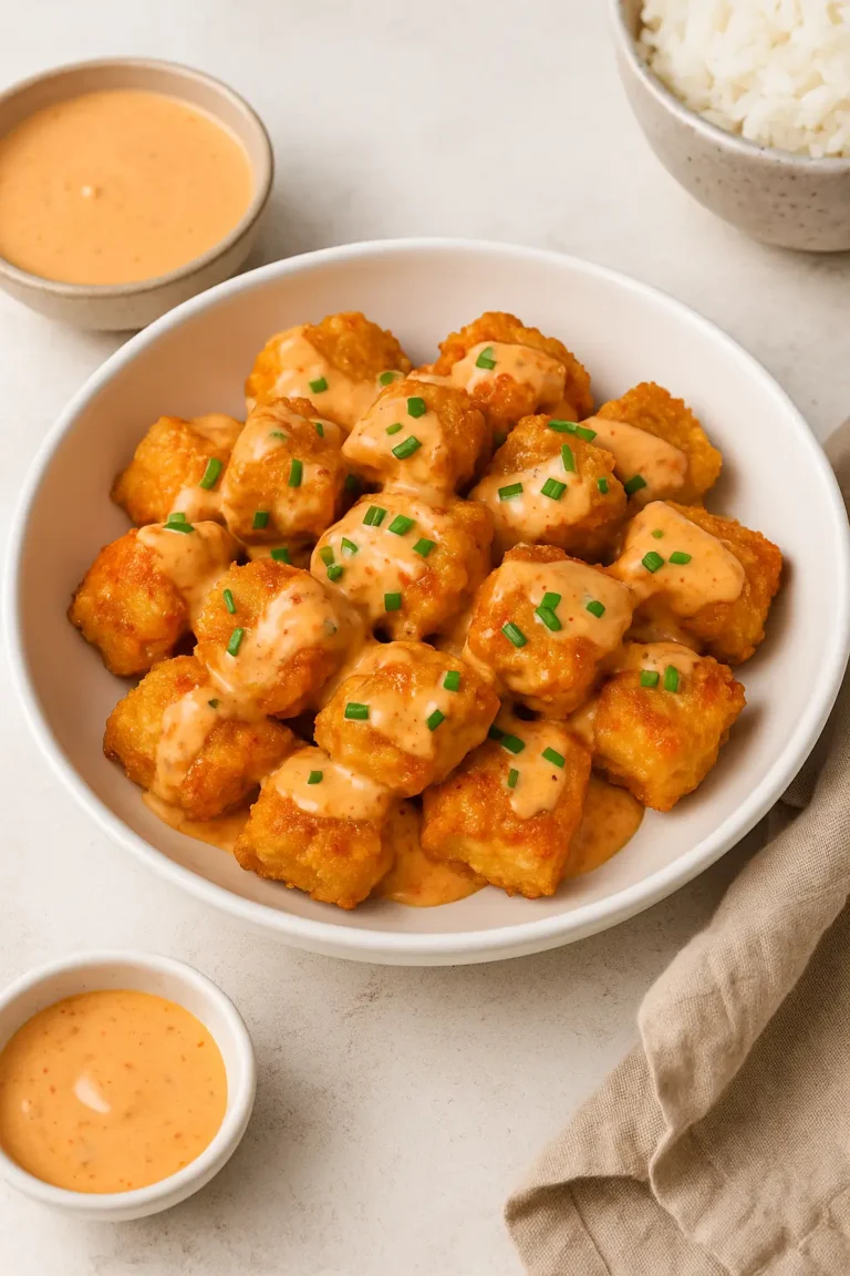 Crispy Bang Bang salmon bites served in a bowl with rice and sauce on the side