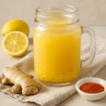 Mason jar of ginger trick recipe drink with lemon, ginger, and cayenne
