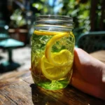 green tea drink recipe in mason jar with lemon and ginger