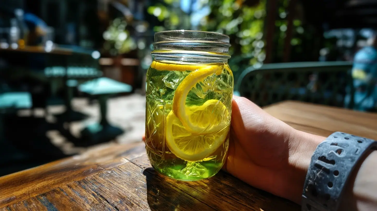 green tea drink recipe in mason jar with lemon and ginger