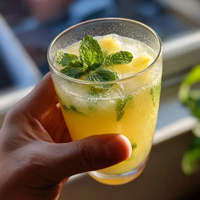 Hand holding pineapple ginger detox drink with mint