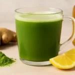 Japanese Mounjaro drink recipe in a glass, matcha green detox beverage with lemon and ginger