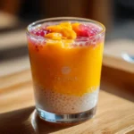 mango pomelo sago tropical dessert in glass with pomelo topping