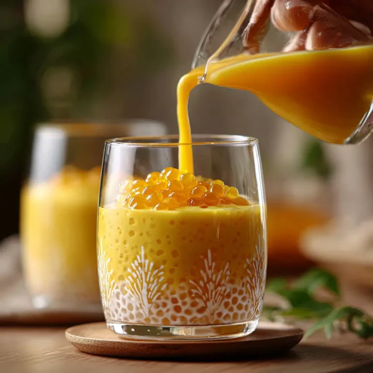 pouring mango puree over sago pearls