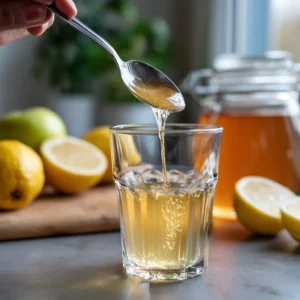 Pouring ACV and lemon into detox drink glass