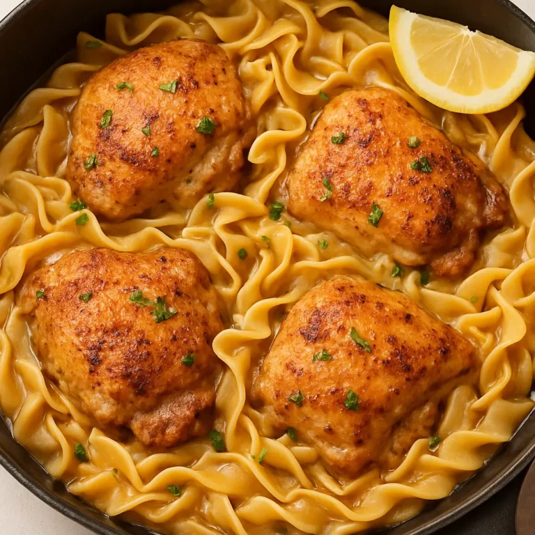 one-pan-chicken-with-buttered-noodles-serving. One-Pan Chicken with Buttered Noodles served with lemon and parsley in a skillet
