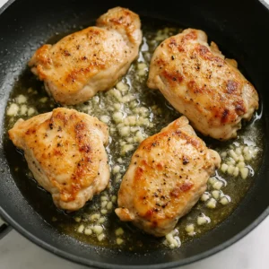 Searing chicken thighs with minced garlic in a skillet for One-Pan Chicken with Buttered Noodles