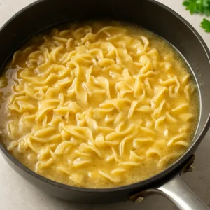 Egg noodles simmering in chicken broth for One-Pan Chicken with Buttered Noodles