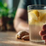 Natural Mounjaro Recipe detox drink in glass with lemon and ginger