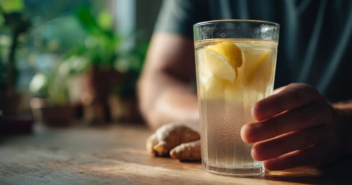 Natural Mounjaro Recipe detox drink in glass with lemon and ginger