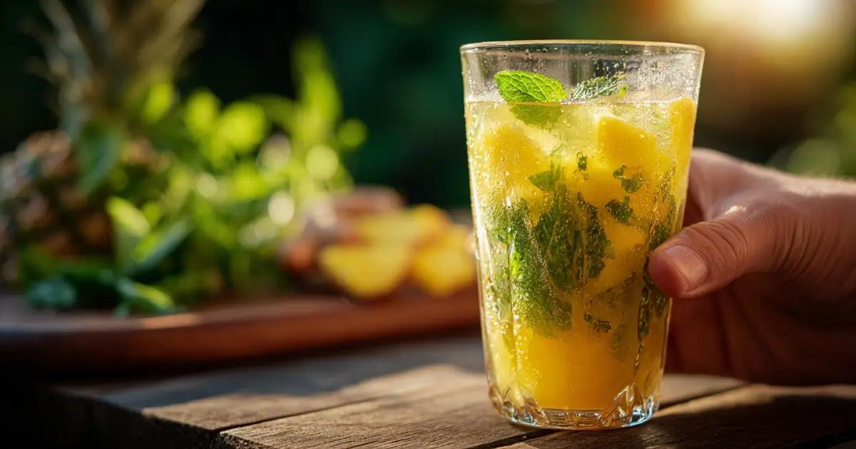 Pineapple ginger detox drink in clear glass