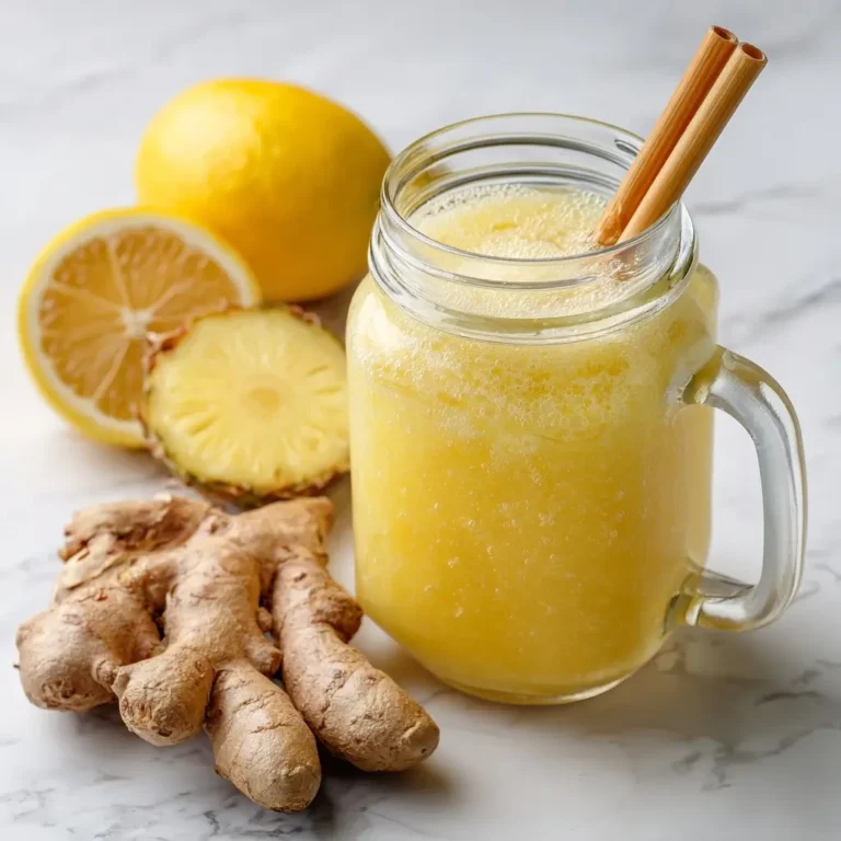 Pineapple ginger detox drink in mason jar with lemon and ginger