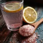 Close-up of a pink Himalayan salt detox drink with lemon slice in a clear jar on a wooden table, with natural morning light.