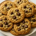 Freshly baked Rice Krispie Chocolate Chip Cookies stacked on a ceramic plate