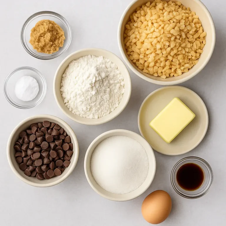 Ingredients for Rice Krispie Chocolate Chip Cookies including rice cereal, chocolate chips, butter, flour, eggs, and sugar