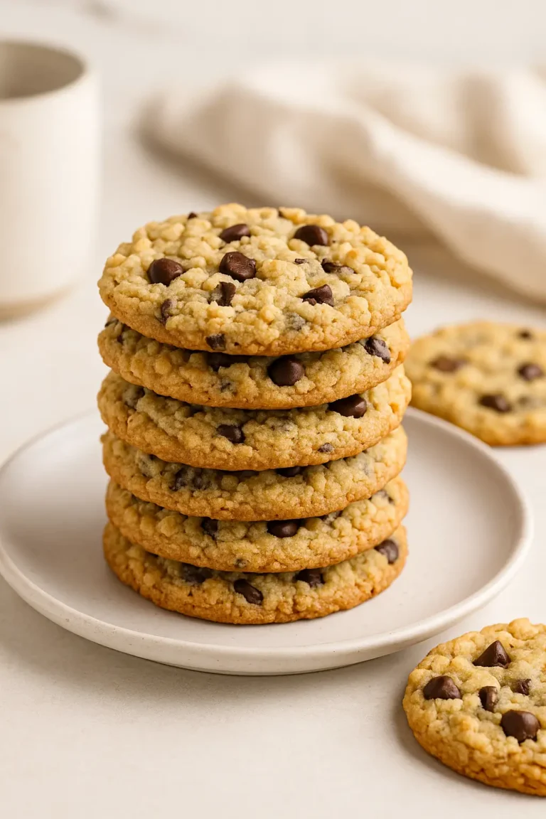 Stack of Rice Krispie Chocolate Chip Cookies on a white ceramic plate