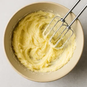 Creamed butter and sugar mixture in a beige ceramic bowl with metal hand mixer