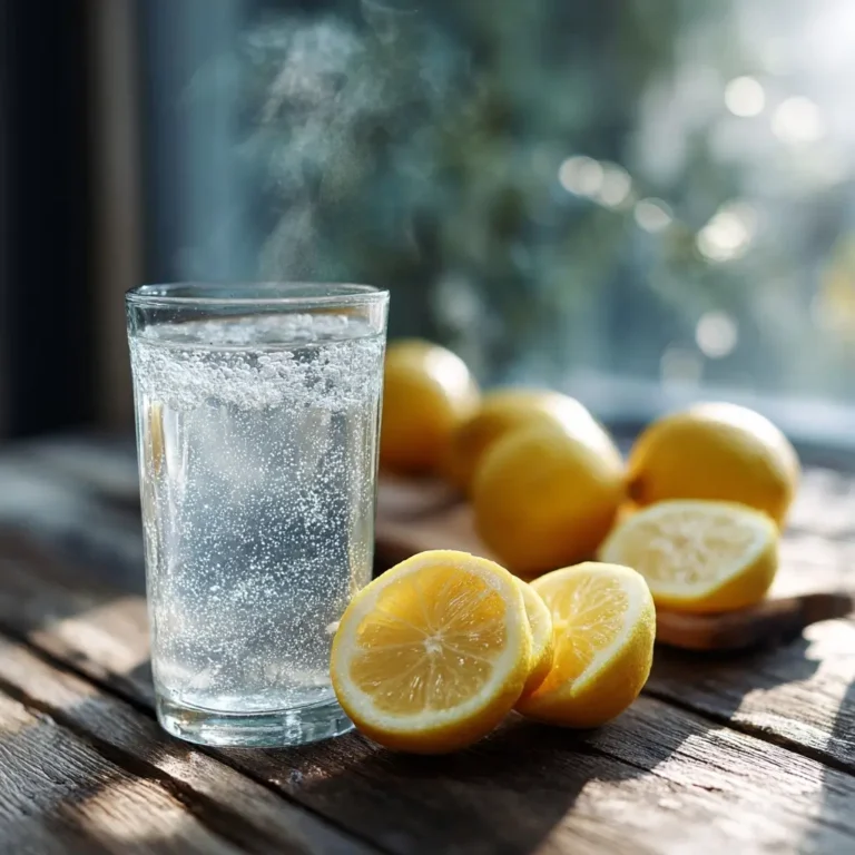 Stirring fizzy detox drink with spoon Finished detox drink in a clear glass on table