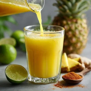 Brazilian Mounjaro drink being mixed with pineapple, cayenne, and lime