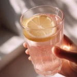 Hand holding a glass of detox water made with Brazilian pink salt and lemon in sunlight