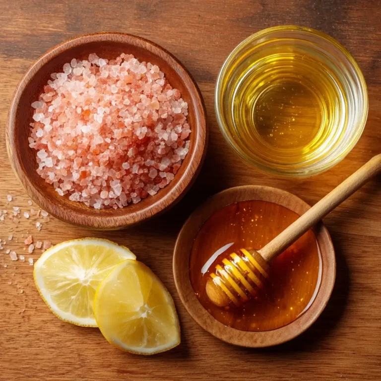 brazilian-pink-salt-recipe-ingredients Ingredients for Brazilian pink salt recipe including lemon, pink salt, honey, and warm water