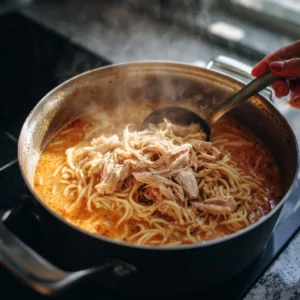 Chicken and noodles simmering in creamy garlic chili broth