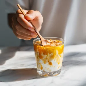 Mixing adrenal cocktail with wooden spoon in glass