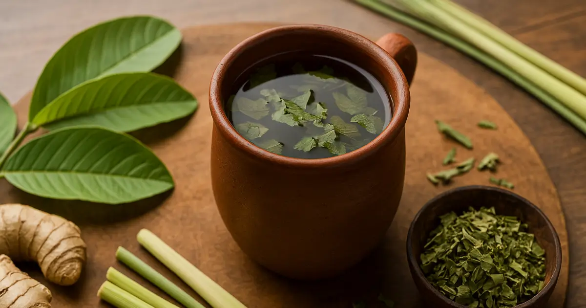 Costa Rican tea in traditional clay cup with herbs