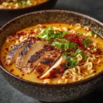 Fiery Chicken Ramen with Creamy Garlic Sauce in a ceramic bowl