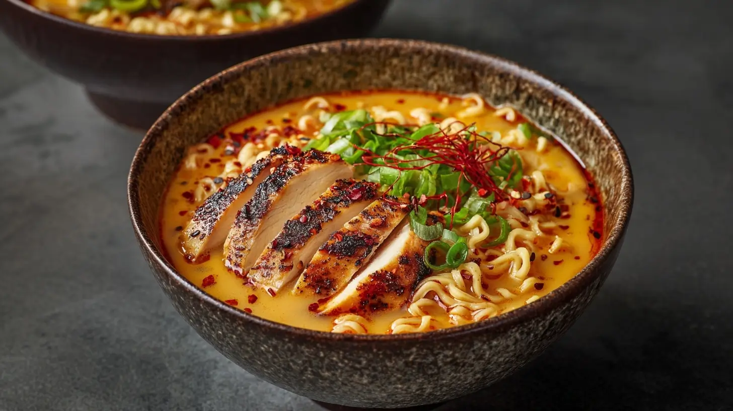 Fiery Chicken Ramen with Creamy Garlic Sauce in a ceramic bowl