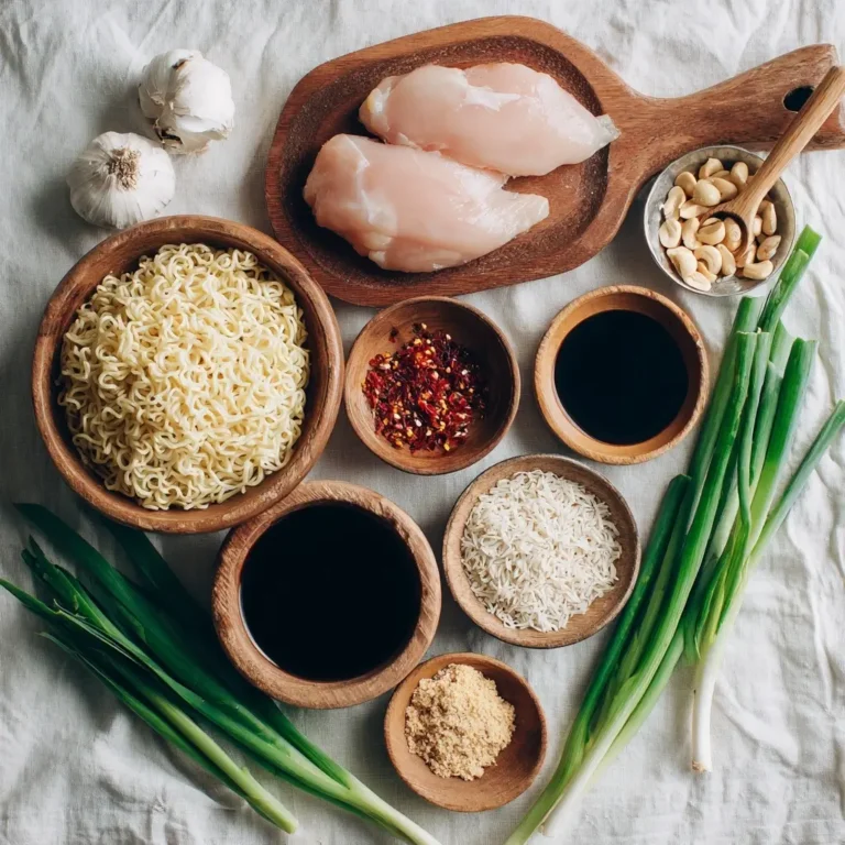 fiery-chicken-ramen-ingredients-clean-eating Ingredients for Fiery Chicken Ramen laid out on a kitchen counter