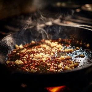 Garlic and chili flakes sizzling in sesame oil in a skillet