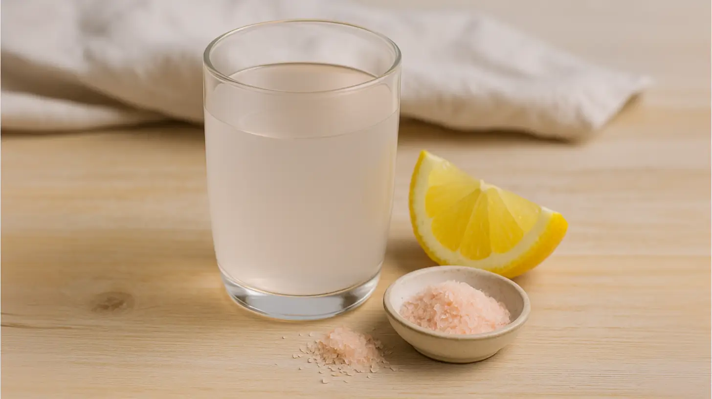 Japanese Pink Salt Recipe drink with lemon and coarse pink salt on wooden table
