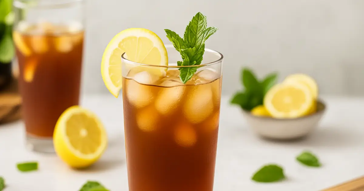 Long Island Iced Tea mocktail in a tall glass with lemon and mint
