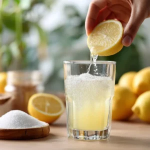 Mixing lemon juice and baking soda in glass