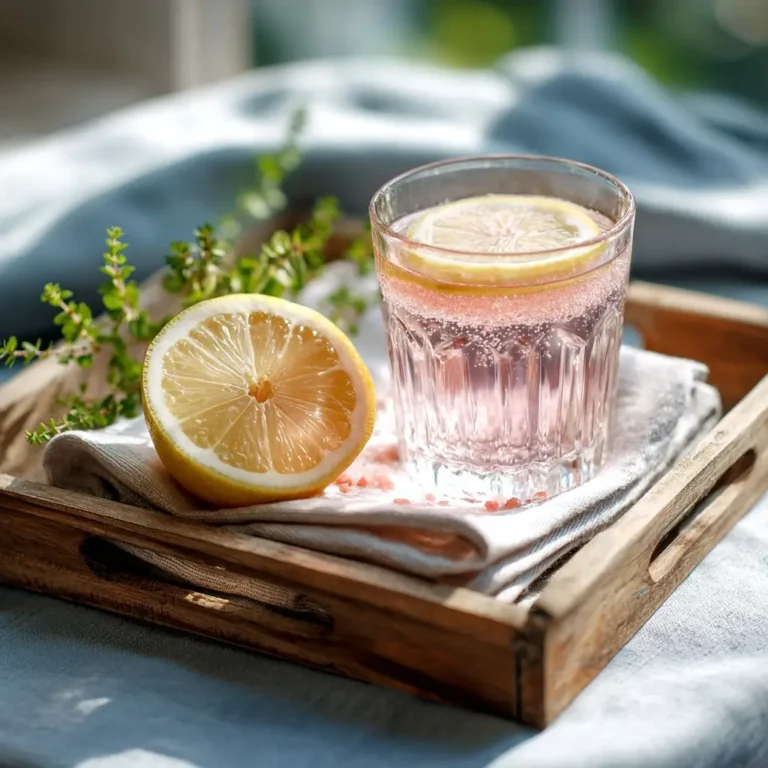 Morning detox drink with pink salt and lemon on tray